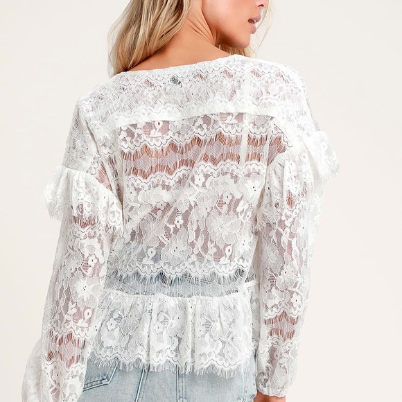LuLus Size Medium Racing Hearts White Sheer Lace Long Sleeve Top - Picture 3 of 5